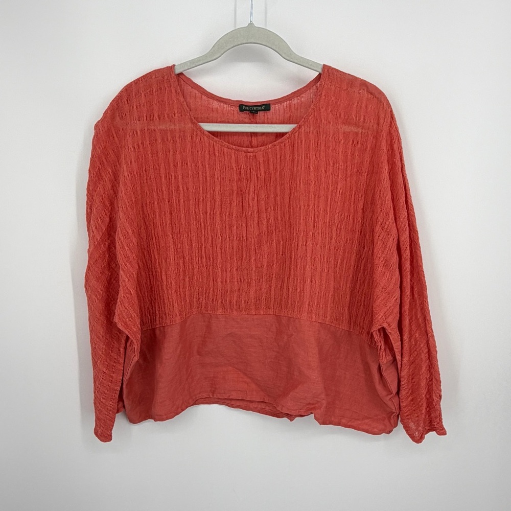 For‎ Cynthia textured coral blouse relaxed crinkled gauze texture sz L